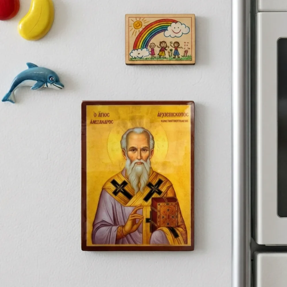 Saint Alexander Archbishop of Constantinople wooden mounted icon with a built-in magnet, displayed on a white refrigerator alongside other magnets, showing its practical use as a religious gift.