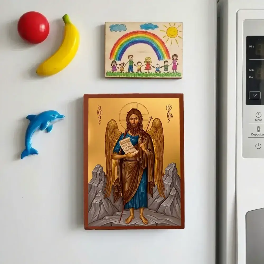 Saint John the Forerunner Byzantine wooden icon with magnet displayed on a refrigerator