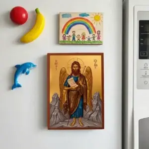 Saint John the Forerunner Byzantine wooden icon with magnet displayed on a refrigerator
