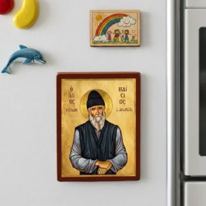 Saint Paisios the Athonite Orthodox Wooden Mounted Icon with gold background, monastic garments, and strong back magnet