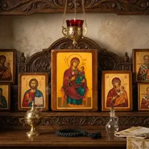 Byzantine Icons. Saint Anna icon displayed in the Orthodox home prayer corner iconostasis shelf.
