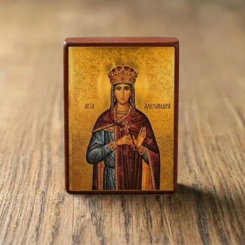 Handcrafted Orthodox wooden mounted icon of Saint Alexandra the Empress Martyr with magnetic back