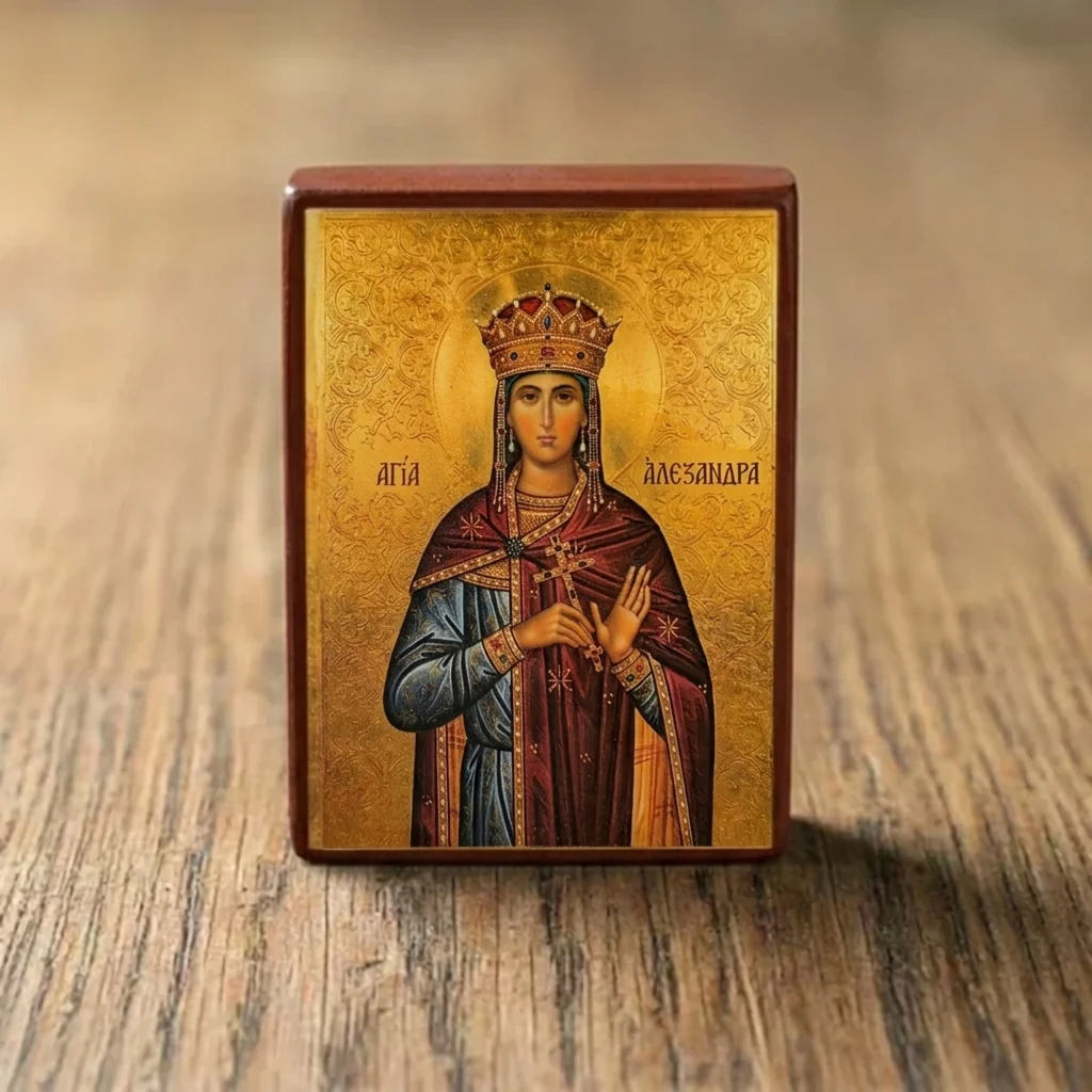 Handcrafted Orthodox wooden mounted icon of Saint Alexandra the Empress Martyr with magnetic back