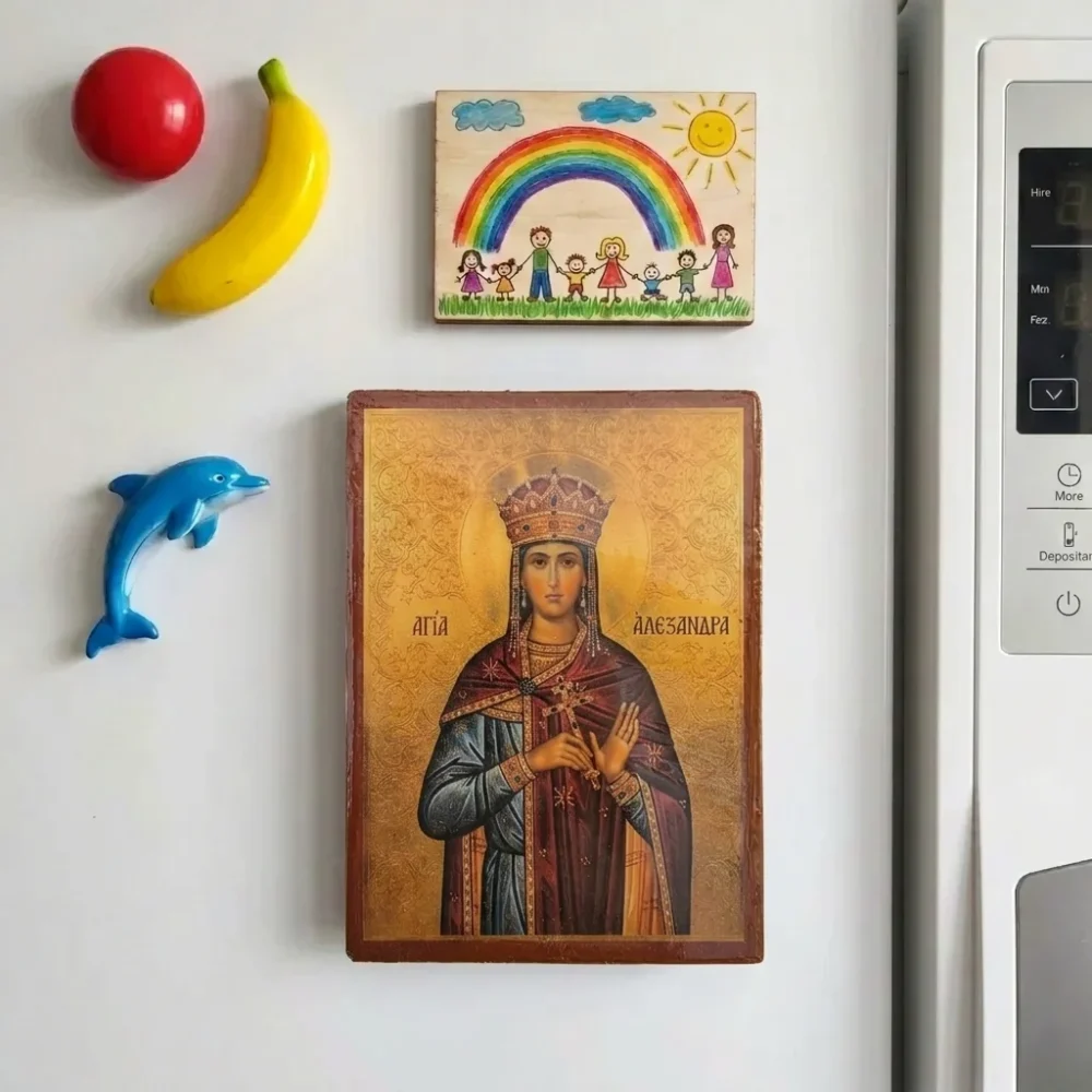 Handcrafted Orthodox wooden mounted icon of Saint Alexandra the Empress Martyr with magnetic back