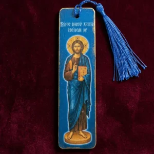Jesus-Christ-Wooden-mounted-bookmark-blue-photo Set of 8 Lord Jesus Christ Wooden Bible Bookmarks, handmade Orthodox Christian gift from The Faith Shop NY