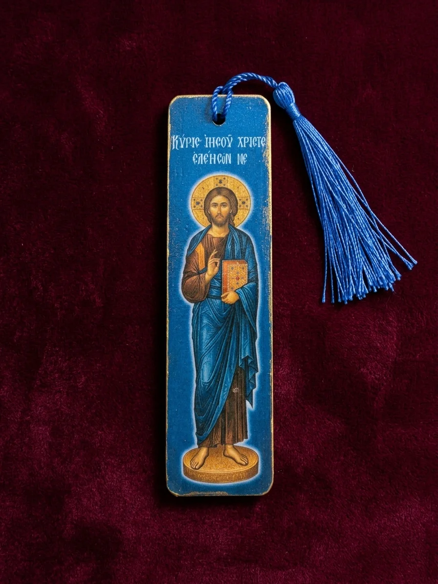 Jesus-Christ-Wooden-mounted-bookmark-blue-photo Set of 8 Lord Jesus Christ Wooden Bible Bookmarks, handmade Orthodox Christian gift from The Faith Shop NY