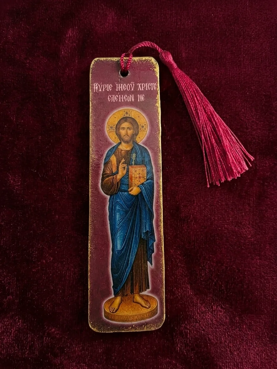 Jesus-Christ-Wooden-mounted-bookmark-deep-red-photo Set of 8 Lord Jesus Christ Wooden Bible Bookmarks, handmade Orthodox Christian gift from The Faith Shop NY