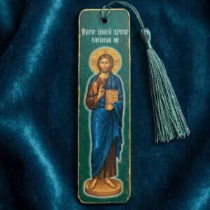 Jesus-Christ-Wooden-mounted-bookmark-green-photo Set of 8 Lord Jesus Christ Wooden Bible Bookmarks, handmade Orthodox Christian gift from The Faith Shop NY