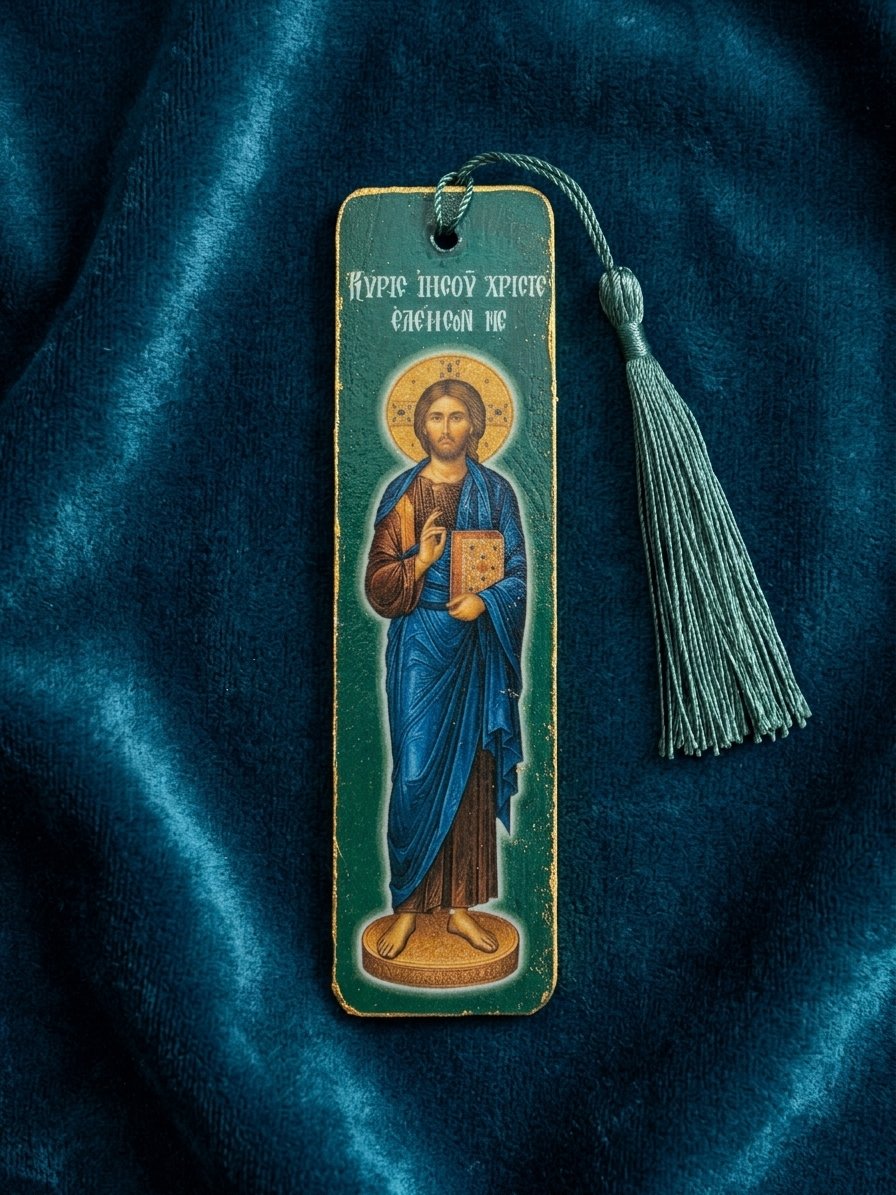 Jesus-Christ-Wooden-mounted-bookmark-green-photo Set of 8 Lord Jesus Christ Wooden Bible Bookmarks, handmade Orthodox Christian gift from The Faith Shop NY