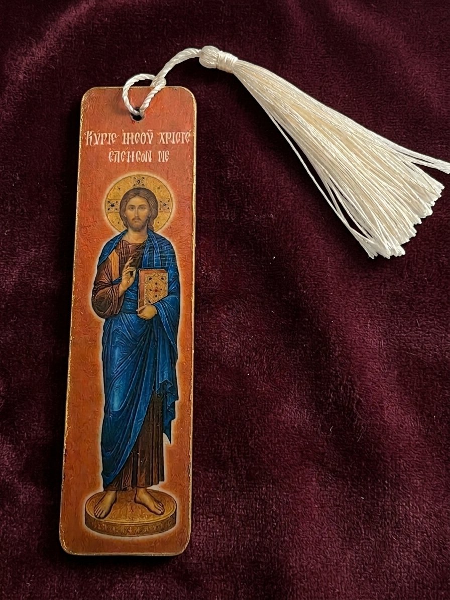 Jesus-Christ-Wooden-mounted-bookmark-orange-photo Set of 8 Lord Jesus Christ Wooden Bible Bookmarks, handmade Orthodox Christian gift from The Faith Shop NY