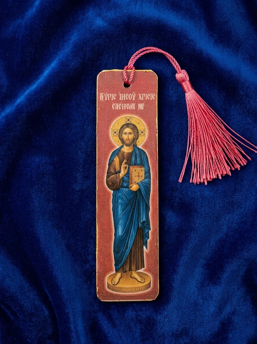 Jesus-Christ-Wooden-mounted-bookmark-red-photo Set of 8 Lord Jesus Christ Wooden Bible Bookmarks, handmade Orthodox Christian gift from The Faith Shop NY