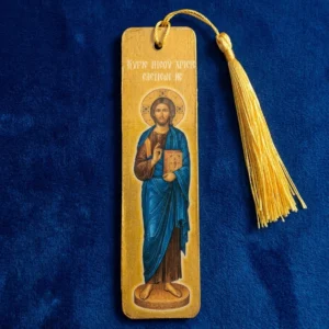 Jesus-Christ-Wooden-mounted-bookmark-yellow-photo Set of 8 Lord Jesus Christ Wooden Bible Bookmarks, handmade Orthodox Christian gift from The Faith Shop NY