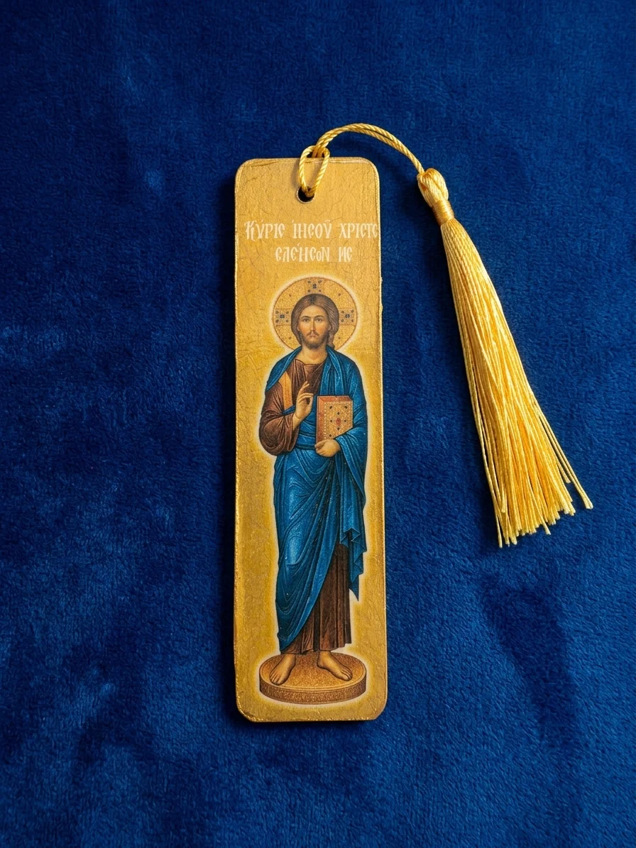 Jesus-Christ-Wooden-mounted-bookmark-yellow-photo Set of 8 Lord Jesus Christ Wooden Bible Bookmarks, handmade Orthodox Christian gift from The Faith Shop NY