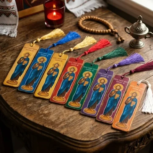 A vibrant set of 8 handcrafted wooden Bible bookmarks featuring the Orthodox icon of Jesus Christ and silken tassels, resting on a wooden table.